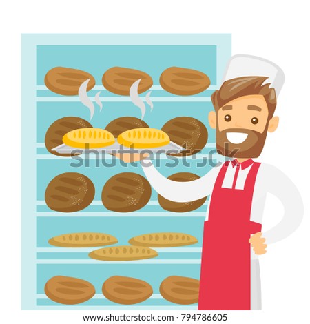 Young caucasian white baker in chef hat and apron holding a tray with bread in the bakery. Smiling hipster baker standing near the bread rack. Vector cartoon illustration isolated on white background.