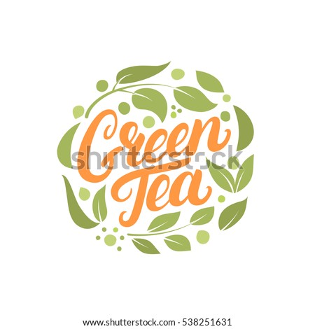 Green Tea hand written lettering logo, label, badge, emblem with leaves and flowers. Isolated on white background. Vector illustration.