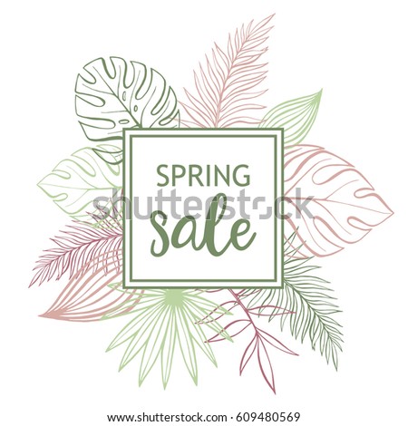 Pastel tropical design with palm leaves. Spring sale. Vector floral template frame on white background.