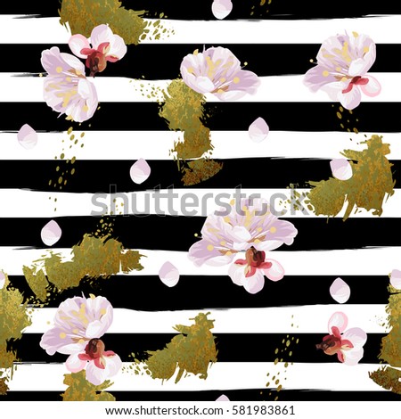 Trendy seamless spring pattern with Shabby gold texture, blossom plum tree's flowers and black and white art stroke stripes. Vector.