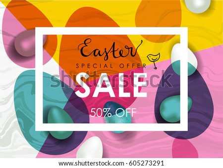 Easter sale vector illustration. Realistic festive eggs and sketch drawing spring birds. Flayer, voucher or coupon template. Marble texture.