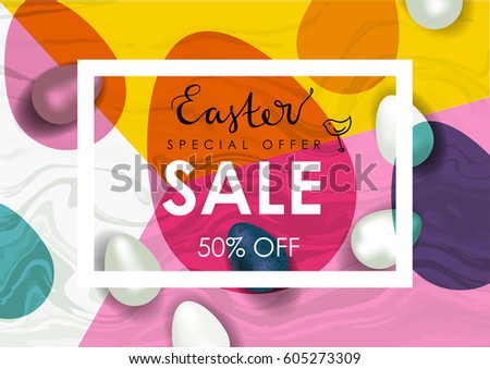 Easter sale vector illustration. Realistic festive eggs and sketch drawing spring birds. Flayer, voucher or coupon template. Marble texture.