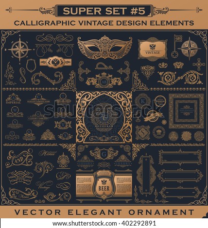 Calligraphic vintage emblems. Design Gold book elements. Vector flourishes illustration logo set. Border frame royal ornament page decoration for menu card, invitations, label, Restaurant, Cafe, Hotel