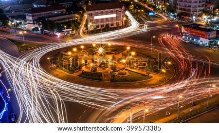 HO CHI MINH, VIETNAM - December 10, 2015 Ben Thanh Market and Quach Thi Trang park in Ho Chi Minh city, in evening, Vietnam on December 10, 2015. Ho Chi Minh city is the biggest city in Vietnam.