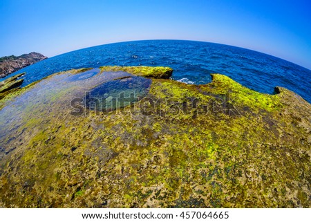 VIETNAM , JUL 20 2016 : Wonderful seascape at Nui Chua national park, Ninh Thuan, Viet Nam, waves on large rock and make amazing fall in Hang Rai at sunrise