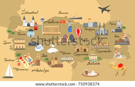 map turkey main sights tourists turkish stock vector hd royalty free 750938374 shutterstock