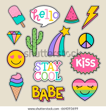 Set Fashion Patches Cute Colorful Badges Stock Vector 665642896 ...