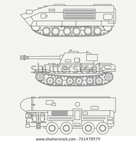 Line flat vector icon set infantry assault army tank. Military vehicle. Cartoon vintage style. Soldiers. Armored shell. Corps. Weaponry. Tow tractor unit. Simple. Illustration, element for design.