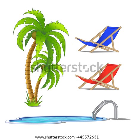The set of objects on the theme of a resort. Palm, sun loungers and pool isolated on white background. Vector illustration.