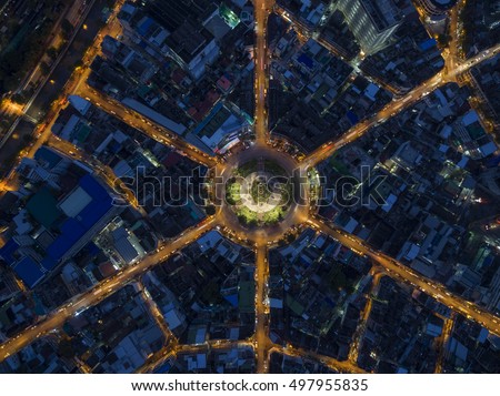 Road roundabout large The road has six lines beautiful at night , Bird Eye View in bangkok , 22 Karakadakhom Circle , Bangkok , Thailand .