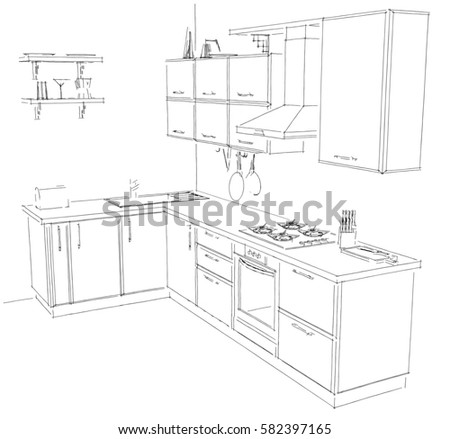 Kitchen Interior Drawing Vector Illustration Stock Vector 546684283 ...