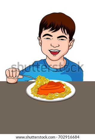 Kid Eating Spaghetti Stock Vector 702916684 - Shutterstock