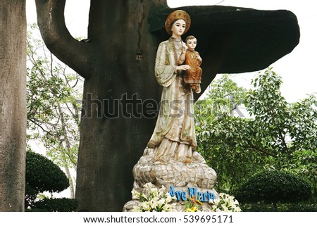 Quang Tri, Vietnam - November 2016 - La Vang church is well worth a visit which was built at the time the government killed the christens, a pilgramage site as having Holy Mother holding baby Jesus