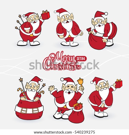 Collection of Santa Claus characters with sign Merry Christmas