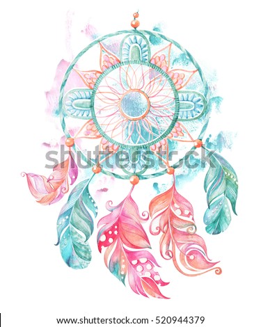 Dream Catcher Feathers And Beads On A Watercolor Background Ethnic Dream Catcher Feathers And Beads On A Watercolor Background Ethnic