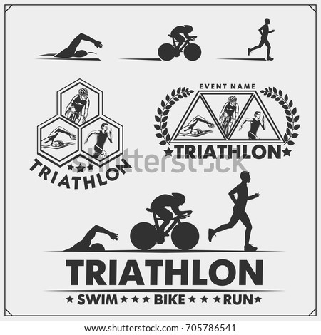 stock vector set of triathlon labels emblems badges and design elements swimming cycling and running 705786541