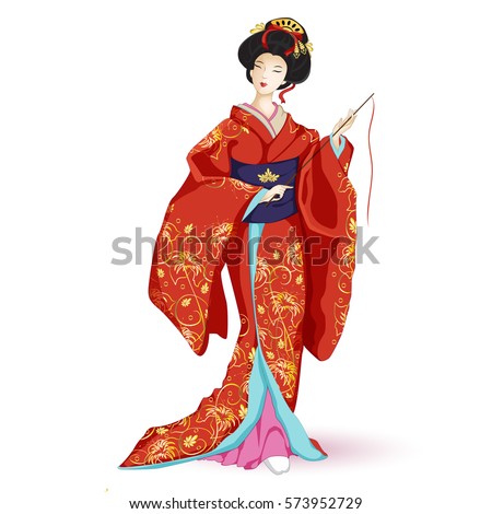 Japan National doll Hina Ningyo in a red kimono with pattern of gold lilies. A character in a cartoon style. Vector illustration on white background. Isolated.