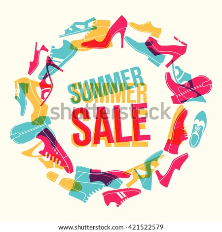 Various men's and women's shoes in the shape of a circle. Shoes sale, shopping. Vector color illustration.