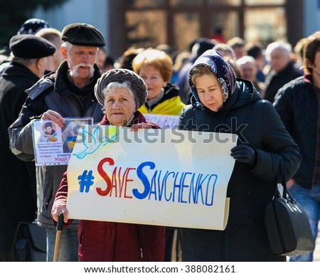 Poltava, March 9, 2016 - The rally of protest against the detention of Russian military pilots Ukrainian Nadiya Savchenko in Poltava, Ukraine.