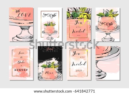 Hand drawn vector abstract freehand textured unusual save the date cards set template with cake stand design,flowers,lemon,golden frame and modern calligraphy in peach colors.Wedding,birthday,rsvp.