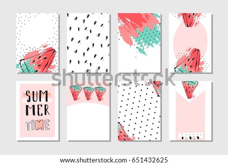 Hand drawn vector abstract textured funny summer time cards set template with watermelon slice in pastel colors isolated on white background.