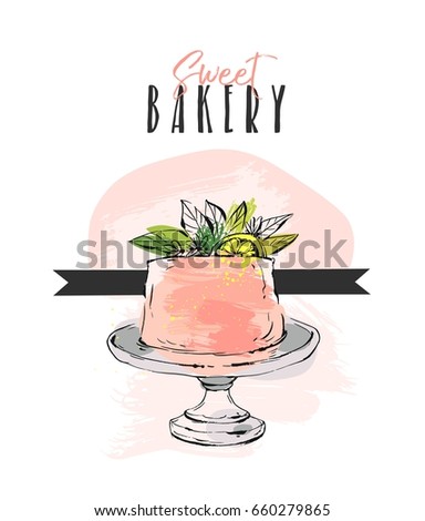 Hand drawn vector abstract unusual Sweet bakery card template with cake stand design,flowers,lemon and modern calligraphy Sweet Bakery in peach color isolated on white background.