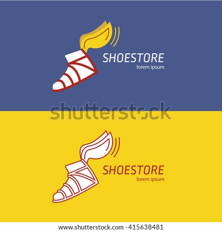 The logo with the image of the winged sandals of Hermes. Two options: color and black-and-white contour. It can be used as a logo for a shoe store or fast delivery service. Vector illustration.