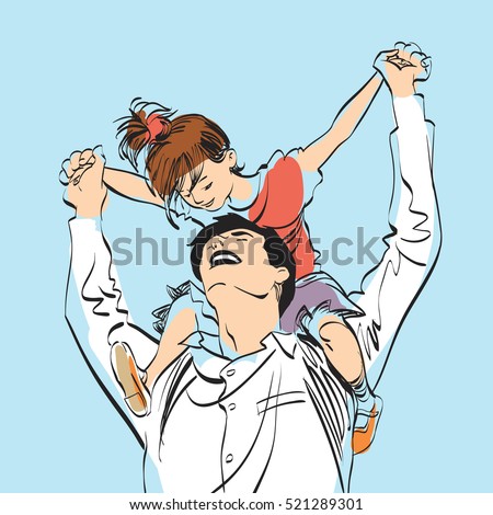 dad with little girl on his shoulders, pop art retro vector illustration