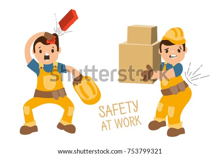 Set of illustrations - accidents at work (injures) fallen brick, worker without helmet, worker with heavy boxes and back pain