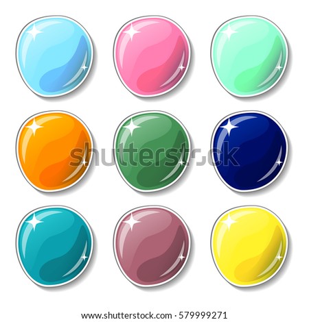 Summer colored buttons with glass surface effect. Blank vector buttons set for web design or game graphic. Colorful marbles on white background. Empty bubbles for text or word. Board pins isolated