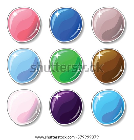 Natural colored buttons with glass surface effect. Blank vector buttons set for web design or game graphic. Colorful marbles on white background. Empty bubbles for text or word. Board pins isolated