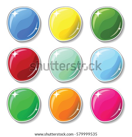 Shiny colorful buttons with glass surface effect. Blank vector buttons set for web design or game graphic. Bright marbles on white background. Empty bubbles for text or word. Board pins isolated