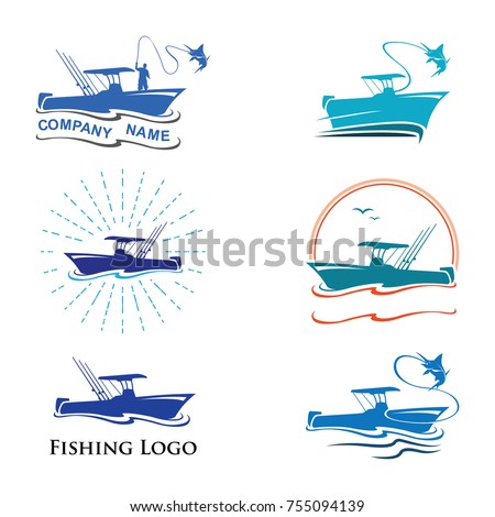 Fishing Logo Collection with Fisherman on Fish Boat