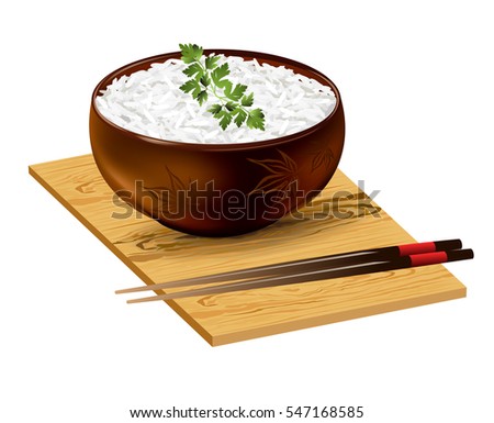 Rice bowl with parsley sprig and chopsticks on wooden board. Hand drawn vector illustration on white background.