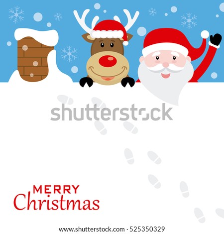 Santa claus and reindeer on the roof. merry Christmas card.