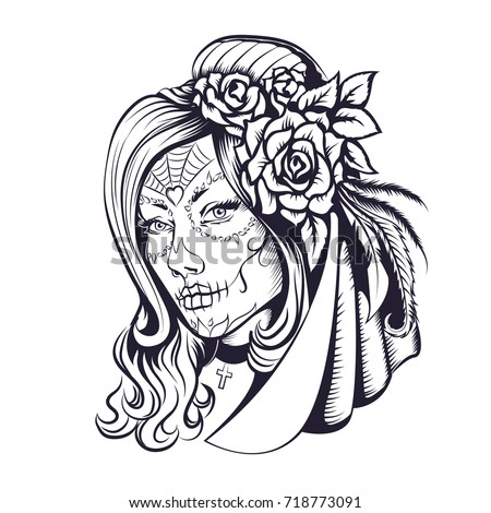 Day Of Dead Make Up Girl With Flowers In Hair Adult Coloring Pages