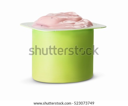 strawberry yogurt in green plastic cup on white background.