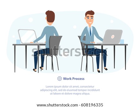 Flat line work cartoon concept. Young employee in the office. Character sitting at the desk and working at the computer, looking at screen, rear and front view.