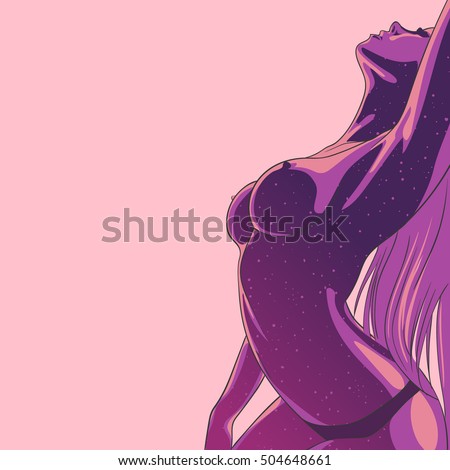 Sexy girl in a Thong in the background of a purple starry sky. Vector illustration