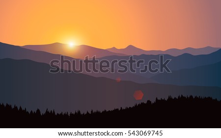 Vector landscape with silhouettes of mountain ridges and forest at sunrise. Illustration of travel to beautiful places of nature