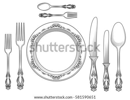 Engraving Empty Plate Spoon Knife Fork Stock Vector 581590651 ... Engraving Empty Plate Spoon Knife Fork Stock Vector 581590651 ...