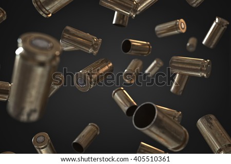 Photorealistic 3D illustration of Flying bullet shells on a black background