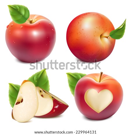 Red apples and apples slices with green leaves and water drops. Photo-realistic vector illustration.