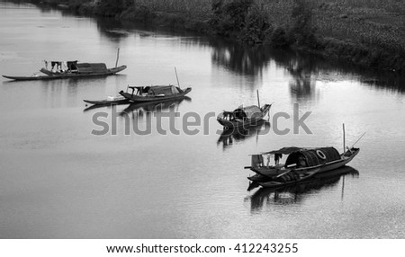 QUANG TRI, VIETNAM, November 20, 2015 boats moored on the river Thach Han, Quang Tri Province, Vietnam