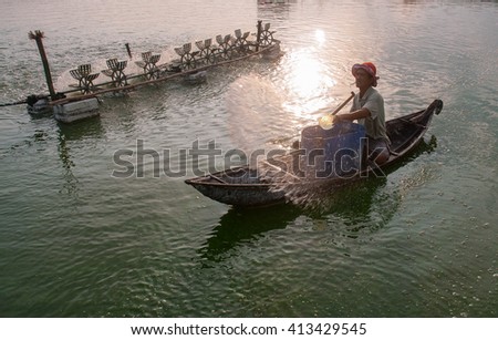 PHU YEN, VIET NAM, March 13, 2016 fishermen and waters Phu Yen, Vietnam, fish, pond area