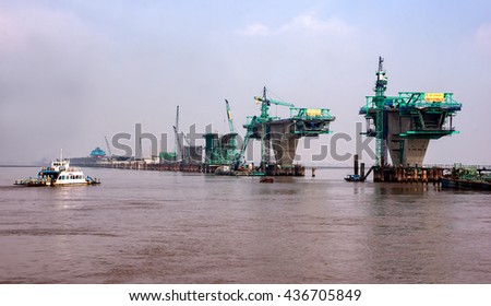HAI PHONG, VIETNAM, June 10, 2016 cable-stayed bridge, which connects the city of Haiphong to Cat Ba island, Vietnam, being the Japanese architect, construction