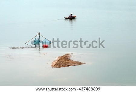 Vinh Phuc, Vietnam, June 12, 2016 fishermen, fishing, swimming Dai Lai, Vinh Phuc Province, Vietnam
