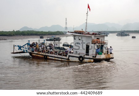 CAT BA, VIET NAM, June 10, 2016 tourists take the ferry Dinh Vu, to the Bay Cat Ba, Hai Phong City, Vietnam