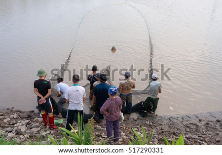 QUANG NGAI, Vietnam, November 17, 2016 farmers, rural Quang Ngai, Vietnam, fishing. Where lakes