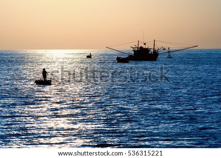 QUANG BINH, Vietnam, July 18, 2016 fishermen fishing in waters Quang Binh, Vietnam, at the dawn